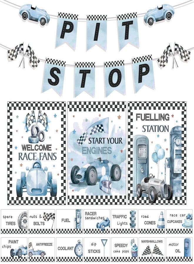 Sonwyoung 19 Pcs Race Car Birthday Party Decorations Boys Two Fast Vintage Birthday Decor 2 Fast Dusty Blue Black Wheel Checkered Supplies for Baby Shower Race Car One Party - Image 4